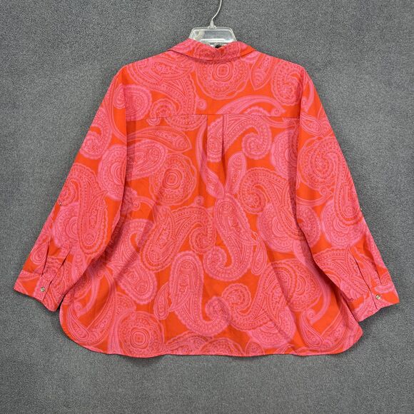 Tommy Hilfiger Blouse Womens 2X Plus Orange Paisley Button Front Long Sleeve - Picture 2 of 16